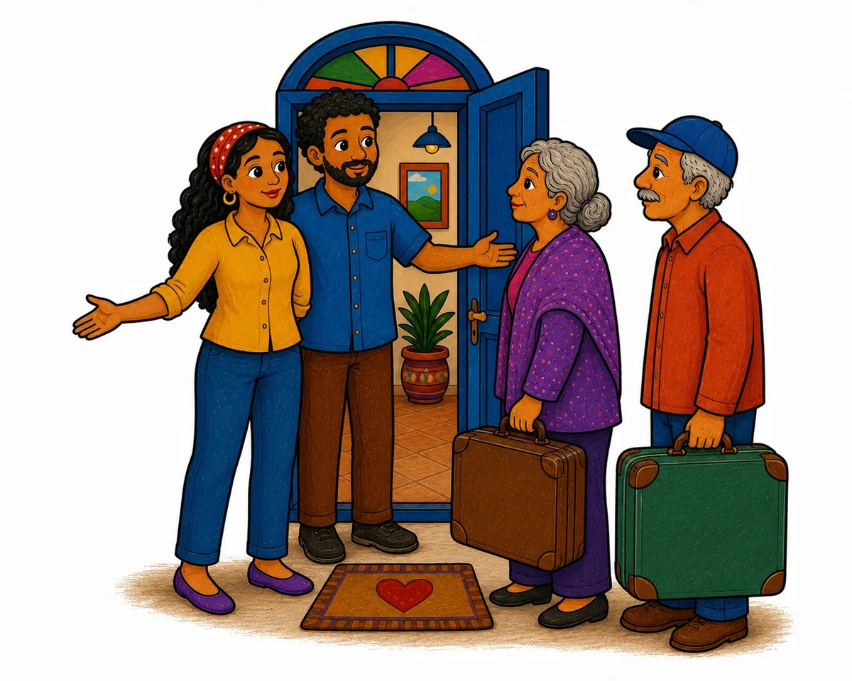 Una pareja joven abre la puerta de su casa y recibe con los brazos abiertos a un señor y una señora mayores que llegan con sus maletas