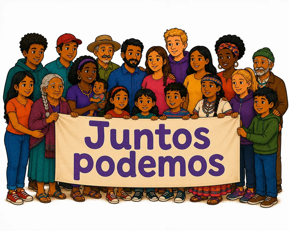 Un grupo diverso de vecinas y vecinos de distintas edades sostiene juntos un cartel que dice 'Juntos podemos'